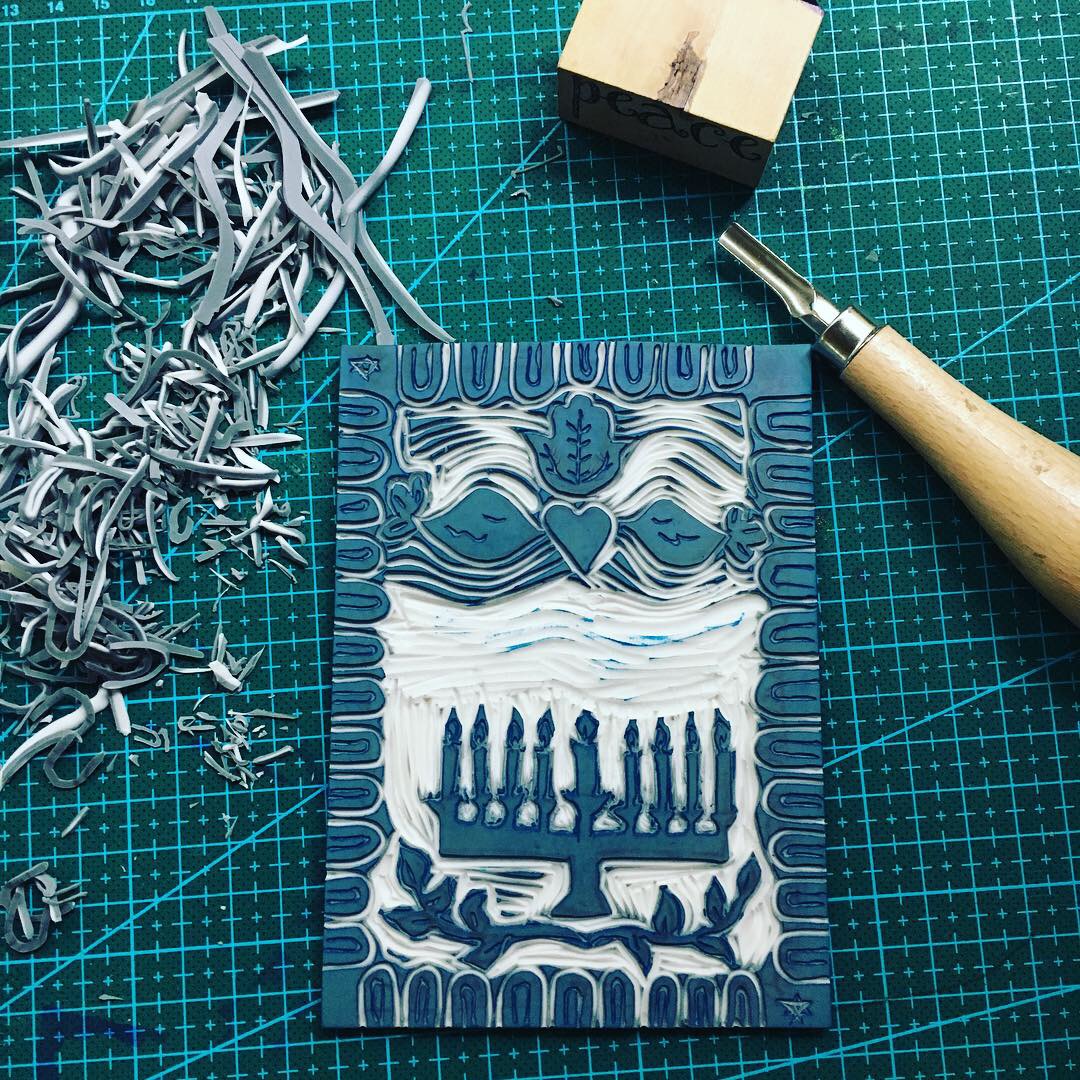 Hanukkah hand printd card with a hand carved stamp