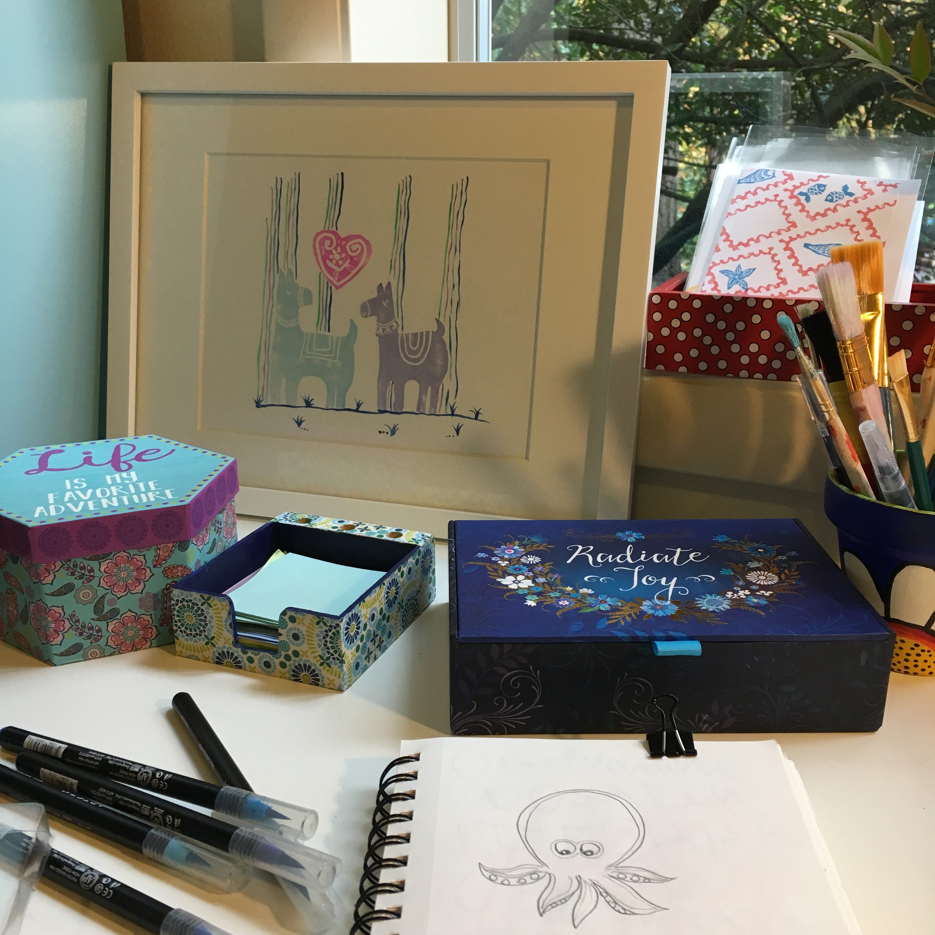 stamp containers, notes, brushes cards and a cute llama print