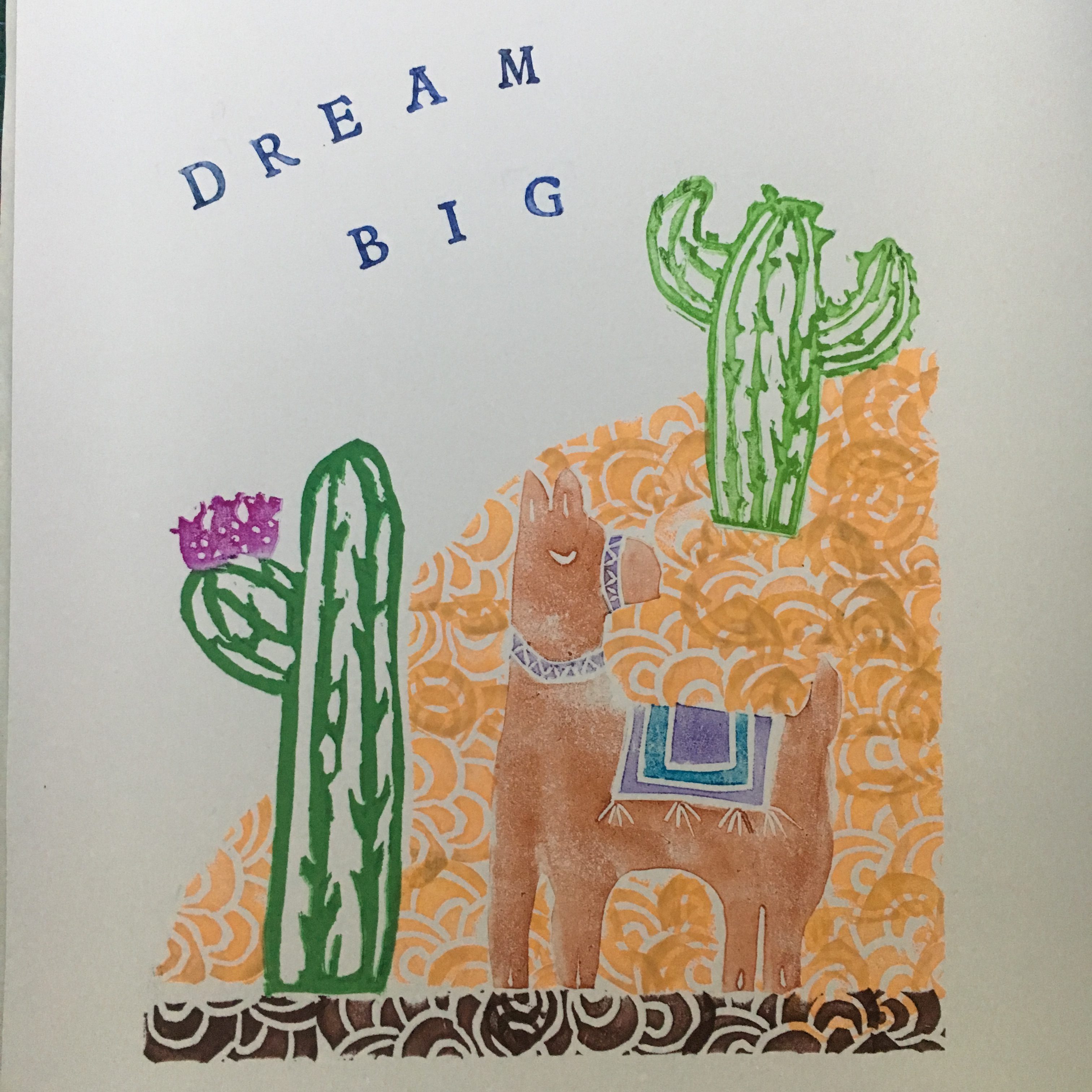 Hand carved stamp collage - cacti and llama landscape - inspiration by My Stamped World