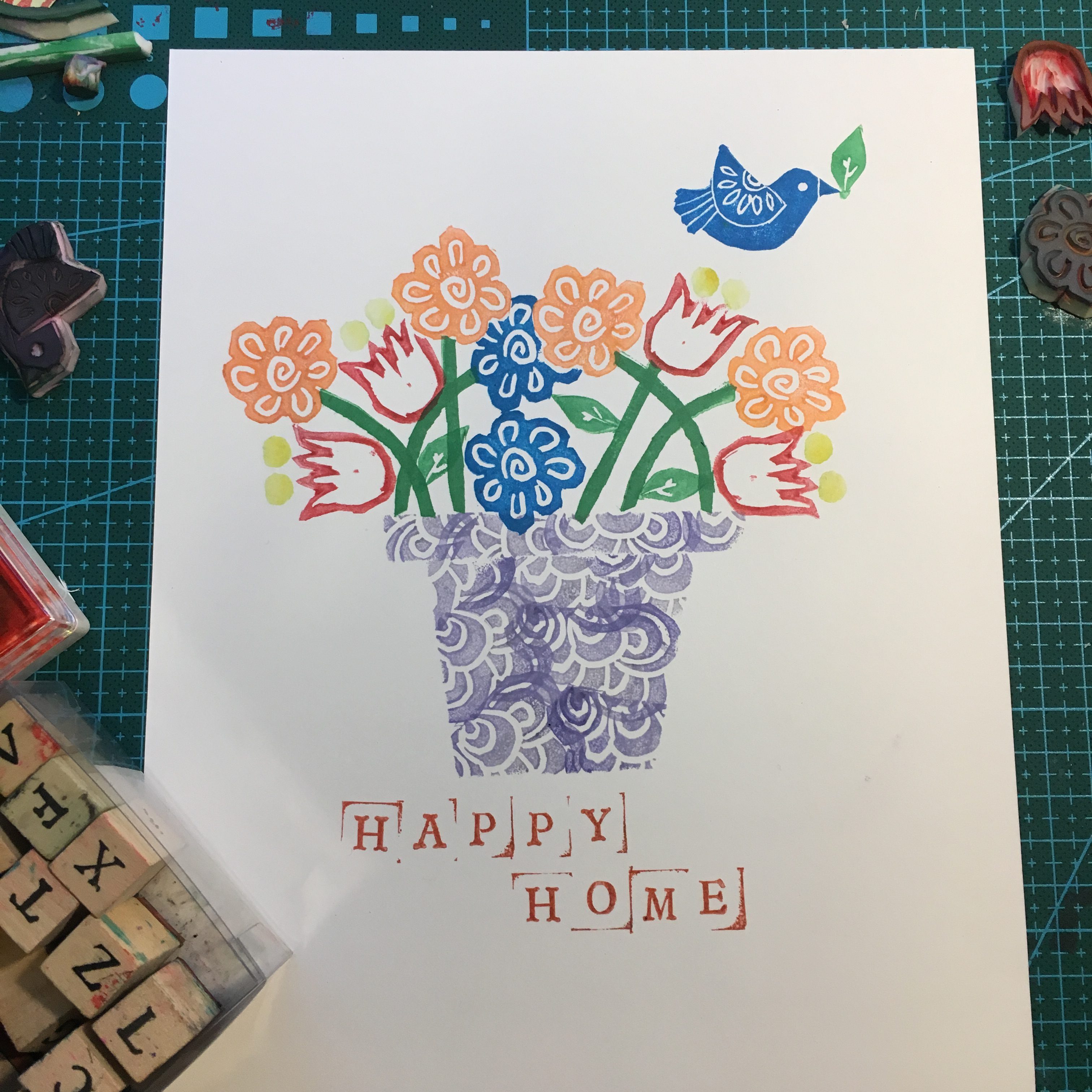 colorful flowers made with hand carved stamps