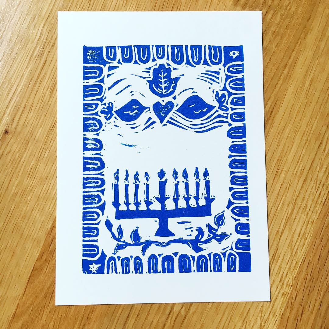 Hanukkah hand printd card with a hand carved stamp