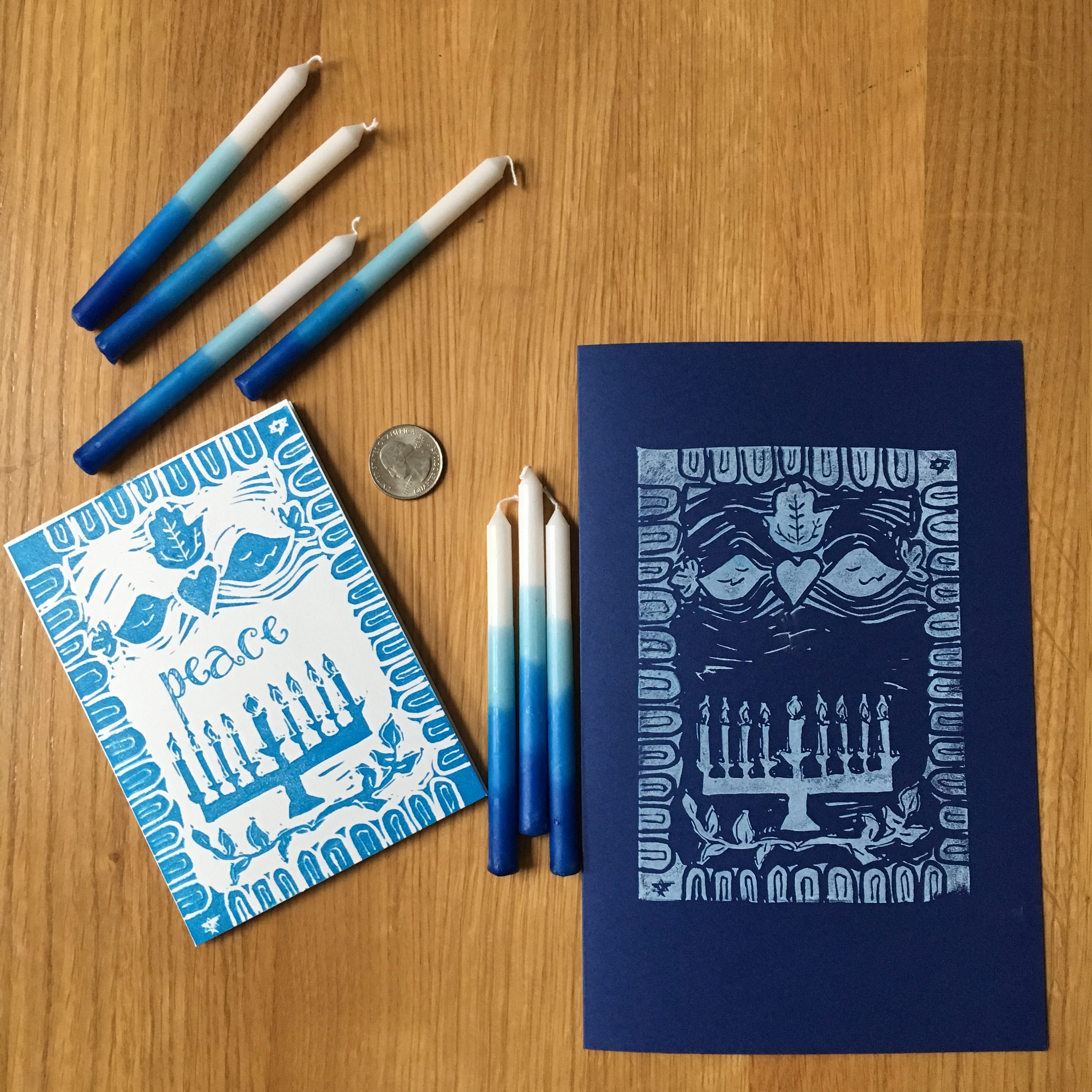 Hanukkah hand printd card with a hand carved stamp