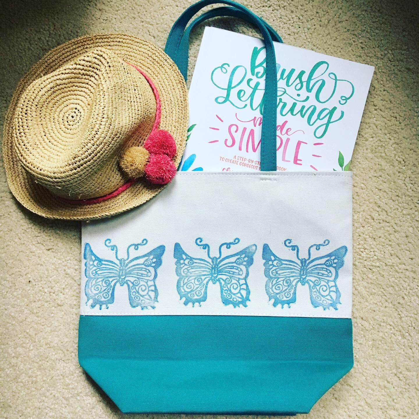 This tote bag features my butterfly stamp on fabric! I'm using all purpose blue ink and it looks amazing. Check out more ideas at www.mystampedworld.com