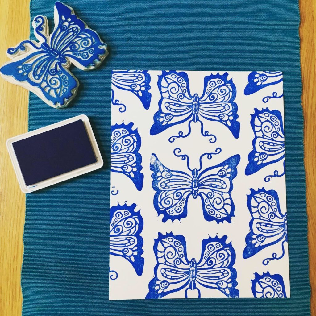 butterfly blue stamp hand printed unique