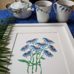 Blue daisies bouquet Print made with handcarved stamps